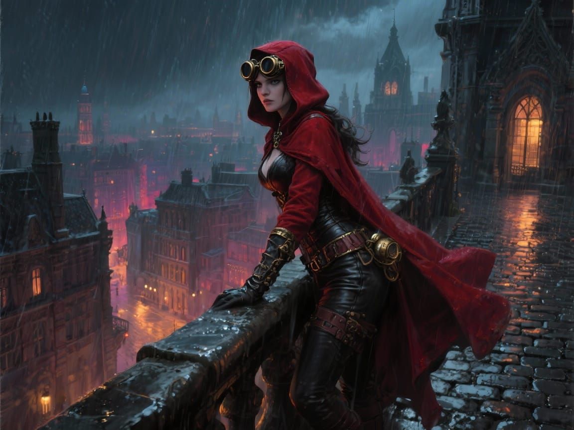 Steampunk Heroine on Gothic Building Overlooking Victorian C...