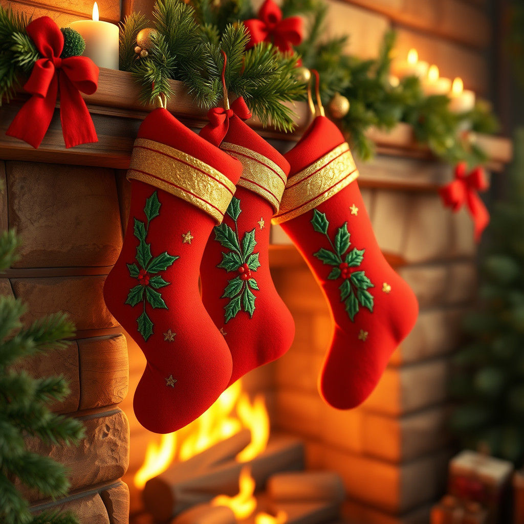 Festive Christmas Stockings by Fireplace: 3D Digital Art