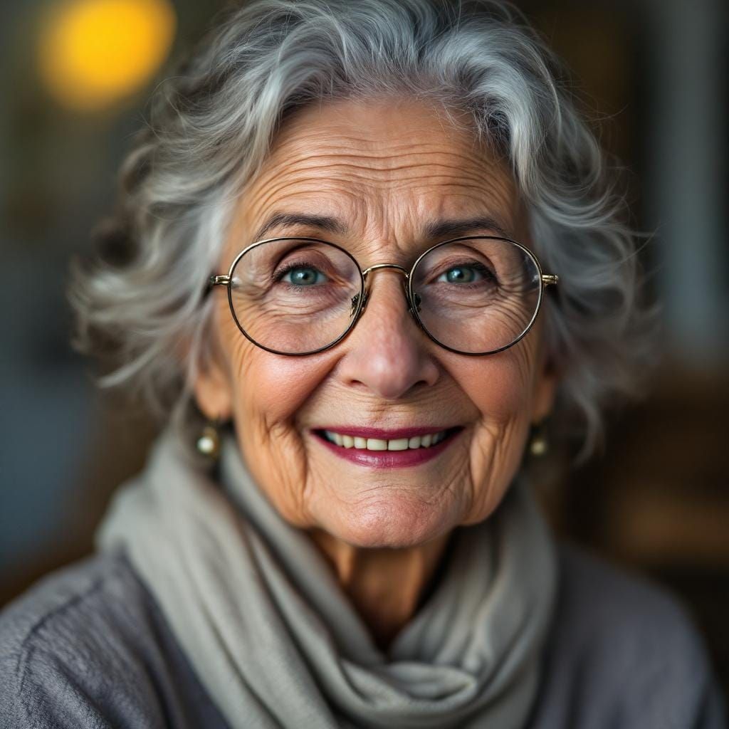 Hyperrealistic Portrait of a Smiling Elderly Woman