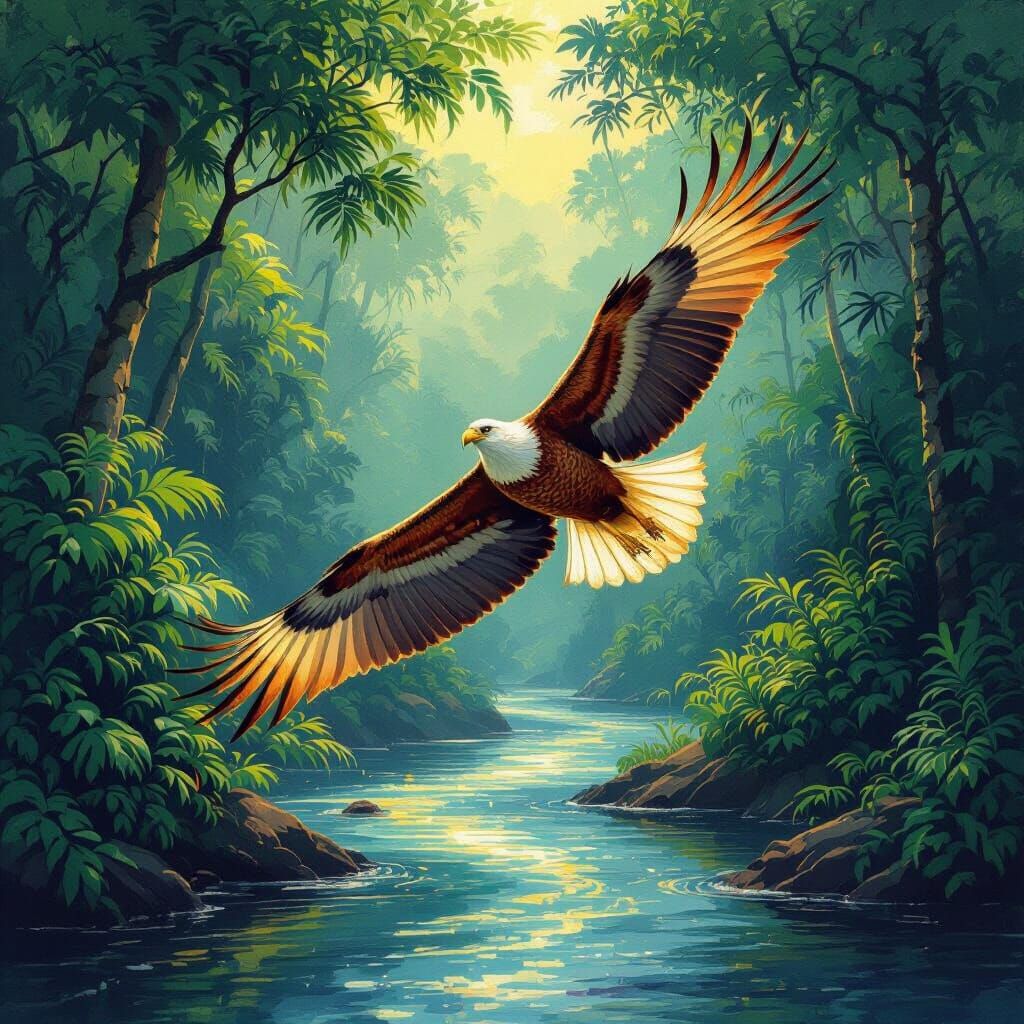 Eagle Over Tropical River in Impressionistic Style