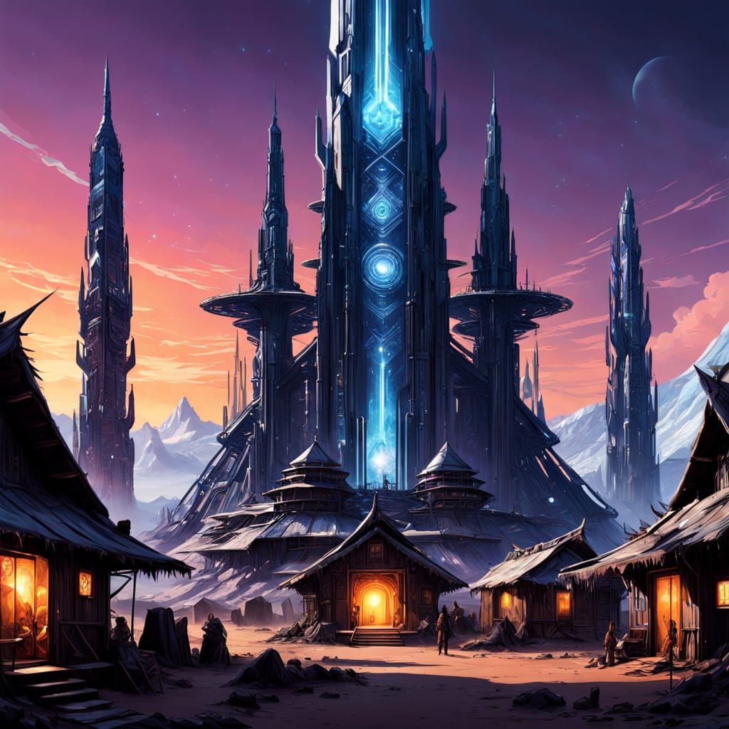 Cyberpunk Tribal Village in Fiery Sunset