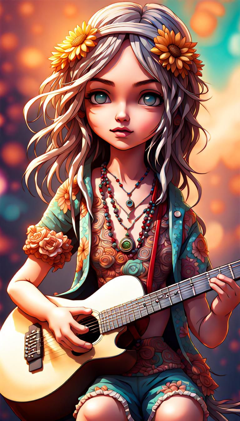Boho Chibi Hippie Girl Guitar Anime Art