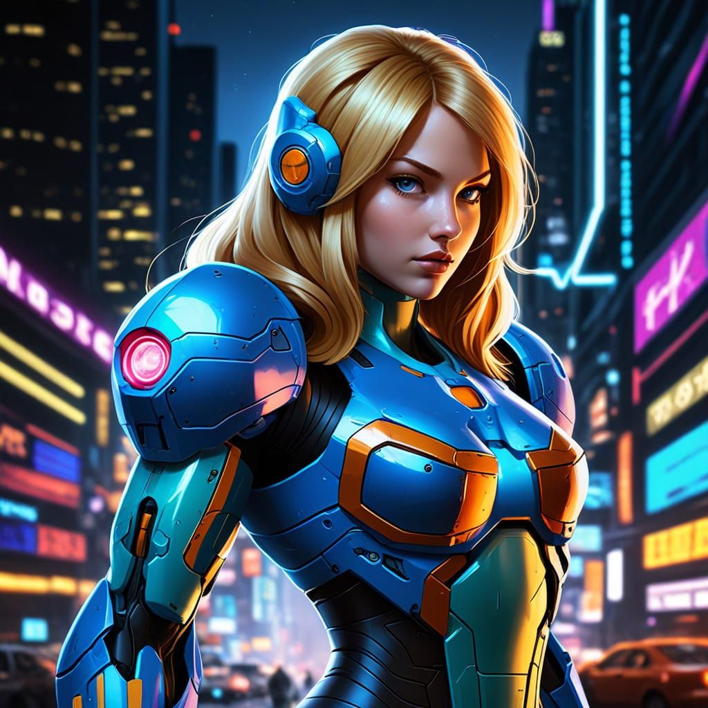 Cyberpunk Heroine Wears MegaSuit in Neon-Lit City