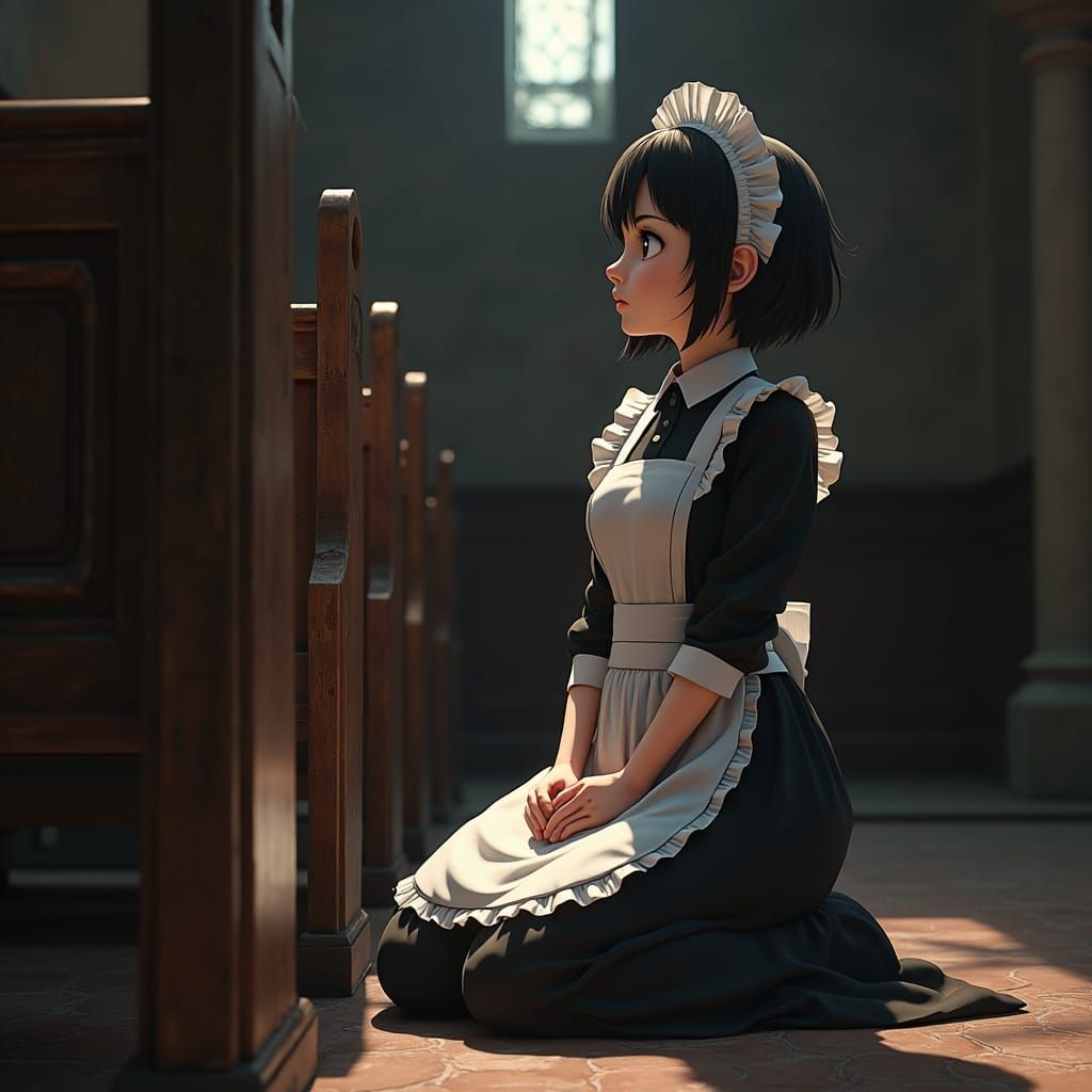French Maid in Ancient Church, 3D Anime Style