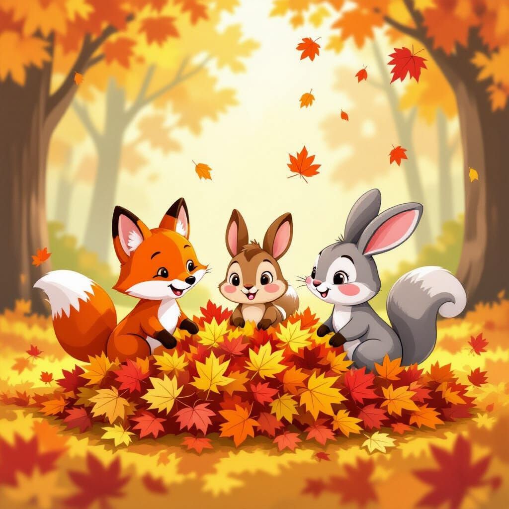 Cute Cartoon Animals Play in Autumn Leaves