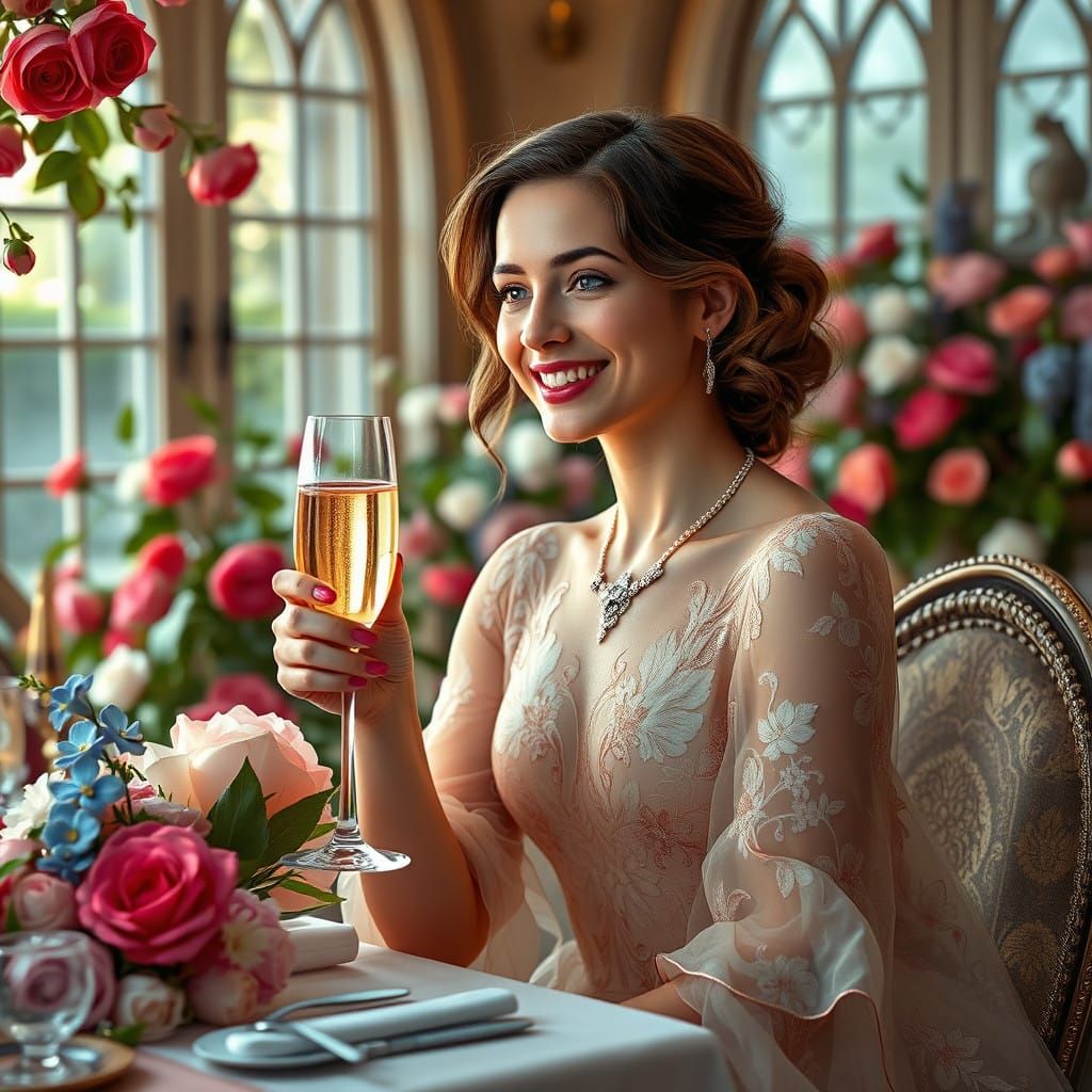 Italian Woman in Luxurious Villa with Floral Wreath