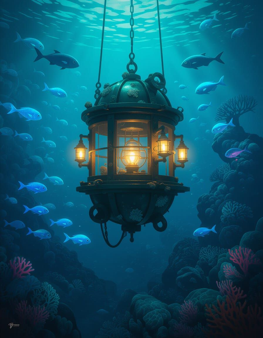 Vintage Diving Bell Descends into Bioluminescent Abyss