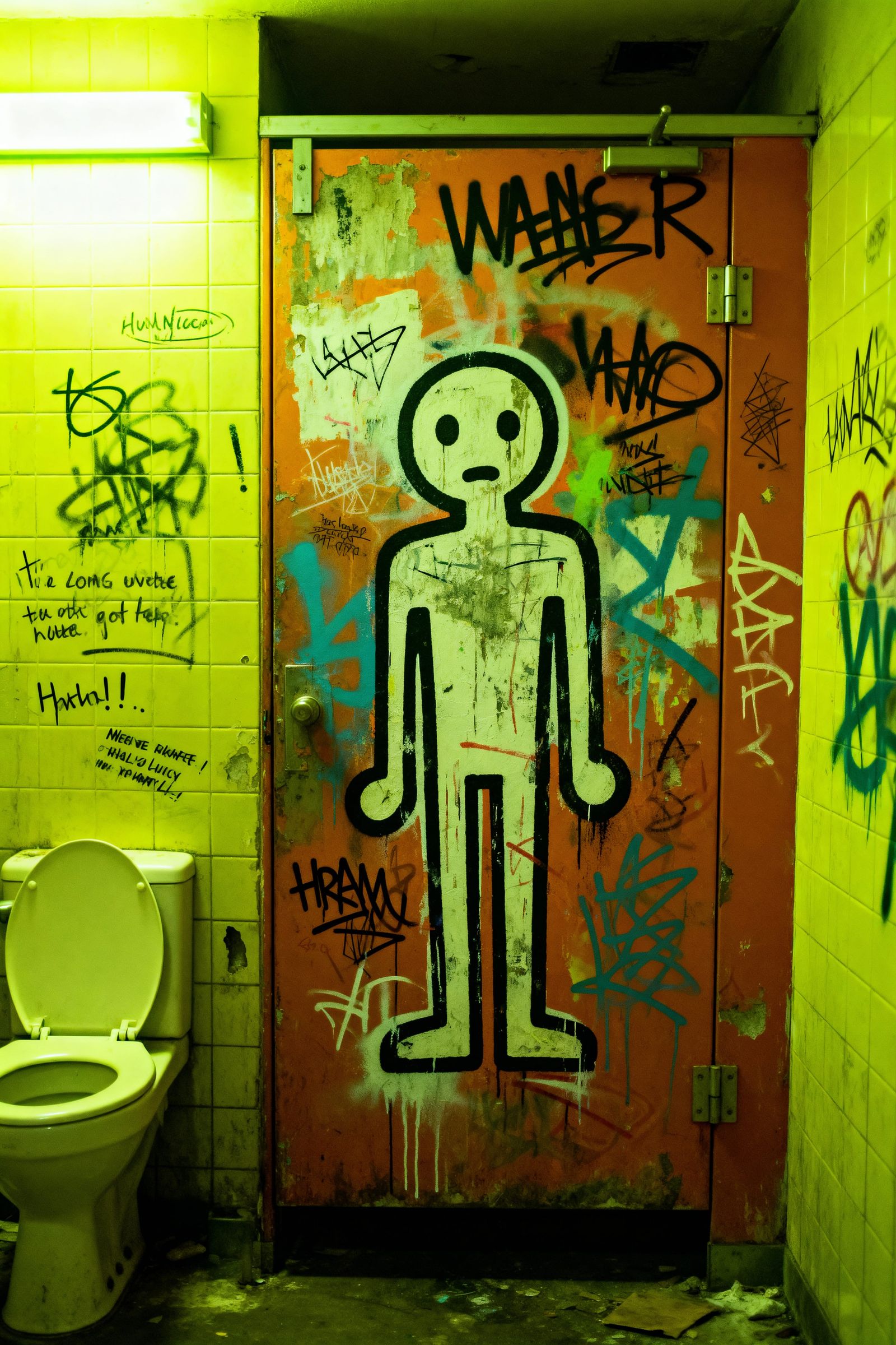 Gritty Urban Art Graffiti on Vandalized Bathroom Door