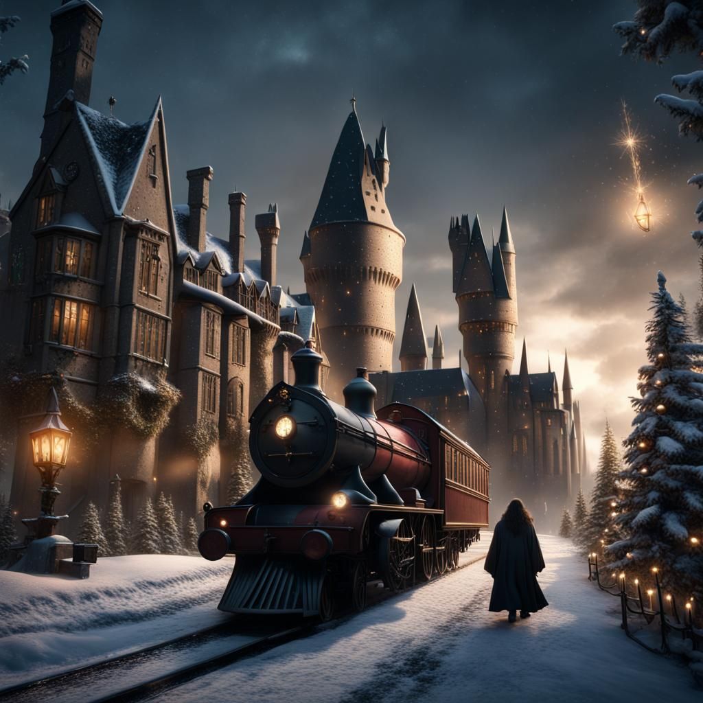 Hogwarts Christmas Scene with Hagrid, Detailed Matte Paintin...