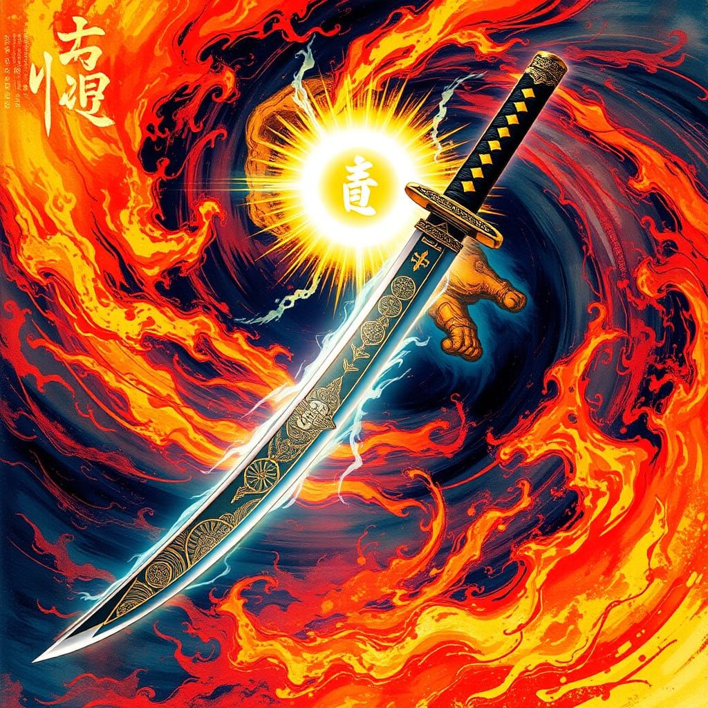 Ethereal Samurai Sword Levitates Amidst Vibrant Energy