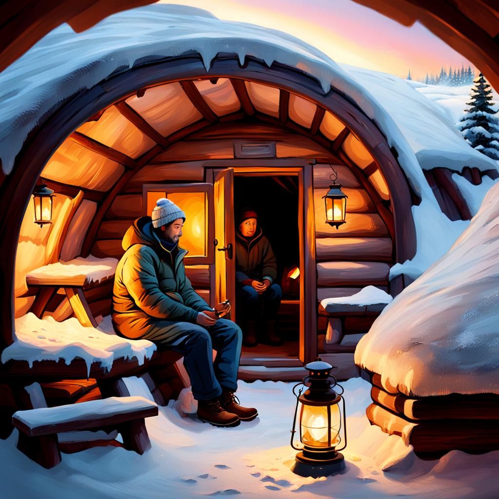 Cozy Igloo Interior with Lantern Light, Oil Painting