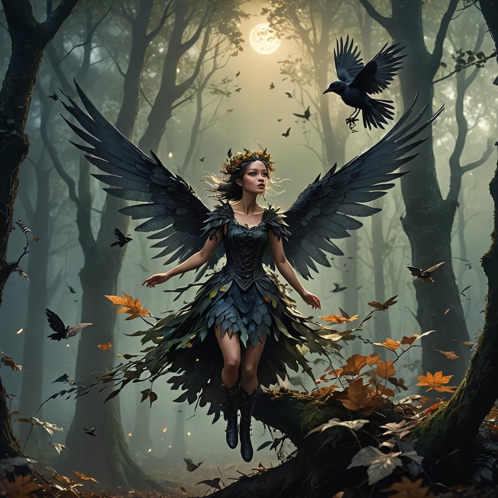 Fairy on Crow Soaring Through Gothic Fantasy Art