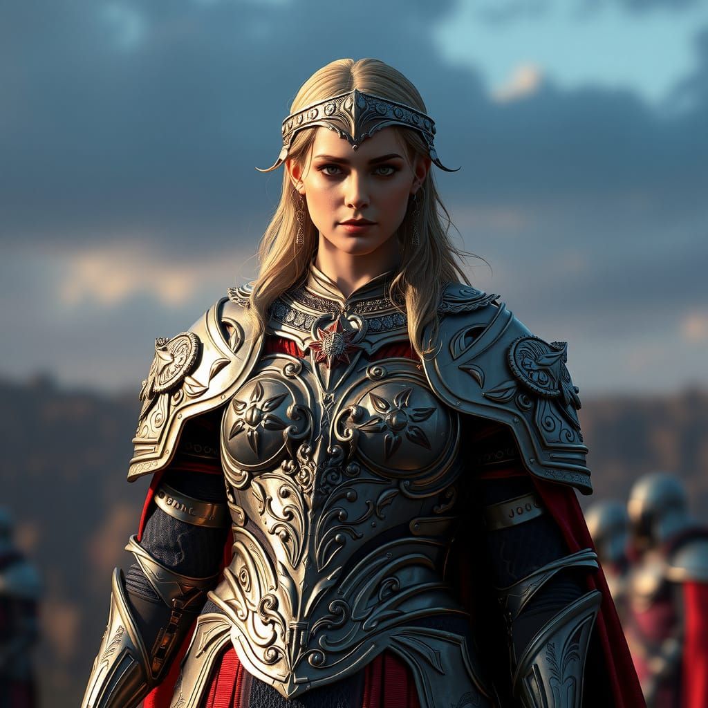 Armored Woman in Heroic Pose, 3D Game Cinematic Style