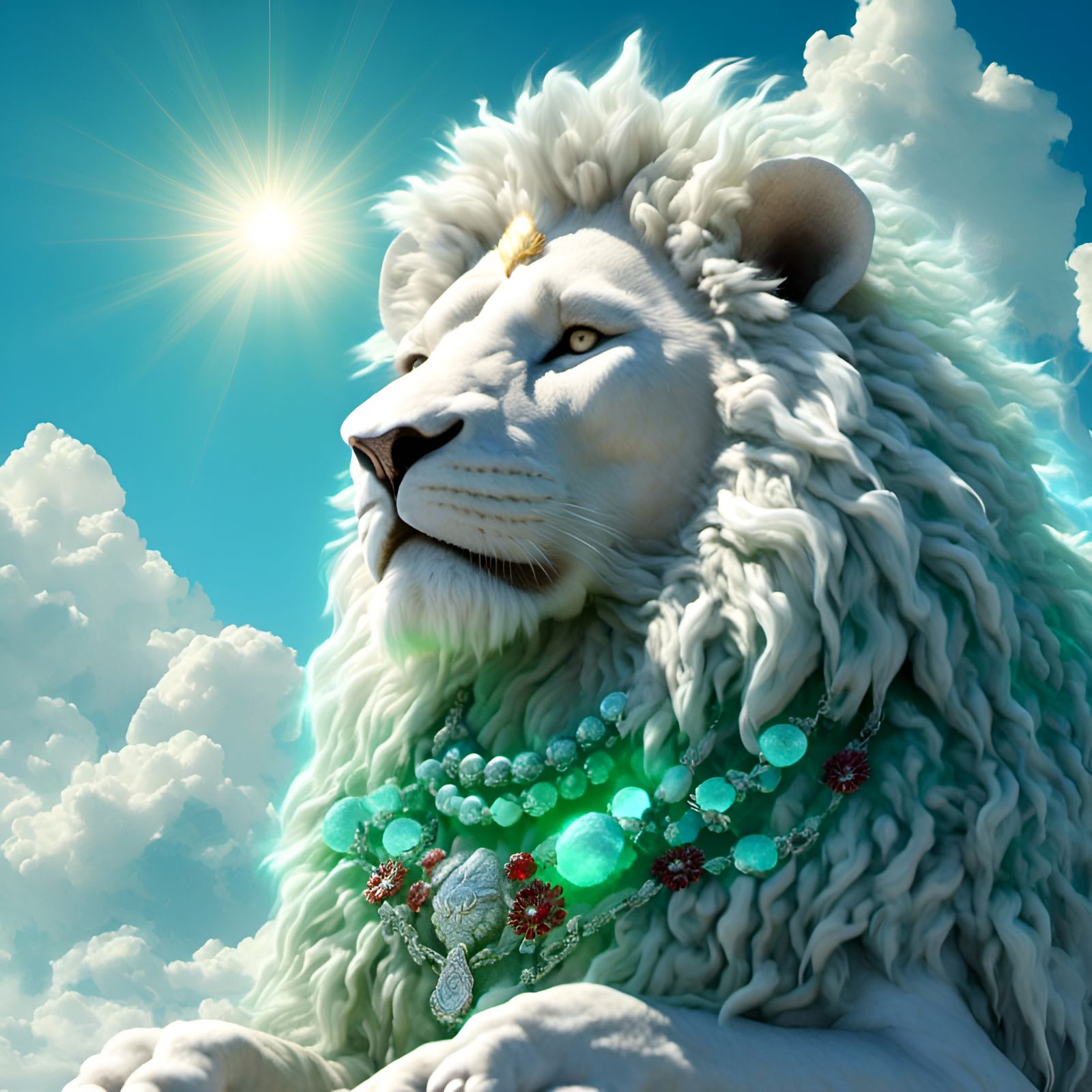 Calm White Lion with Ruby Necklace