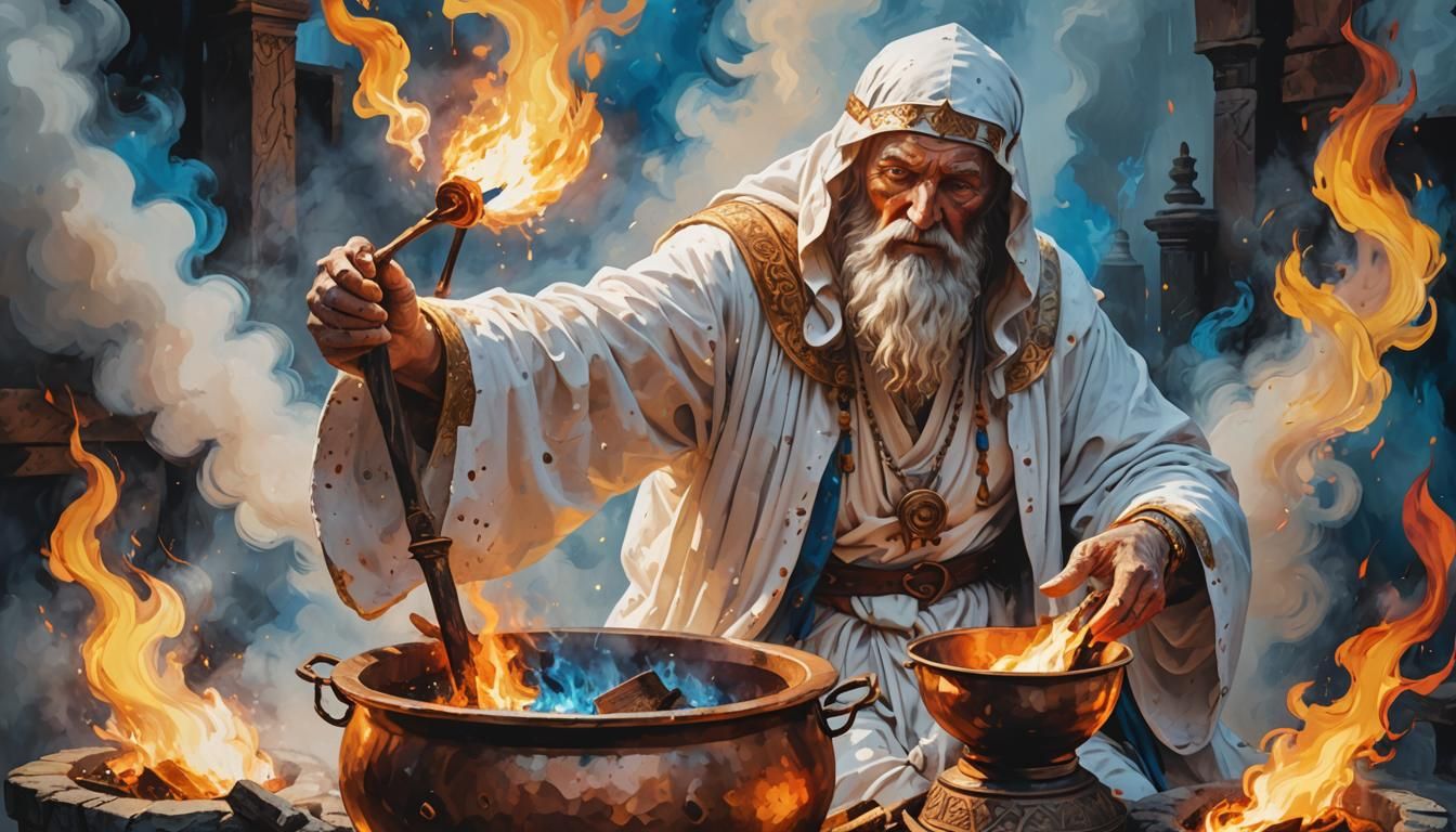 Gallic Druid Brews Potion in Surreal Pop Art