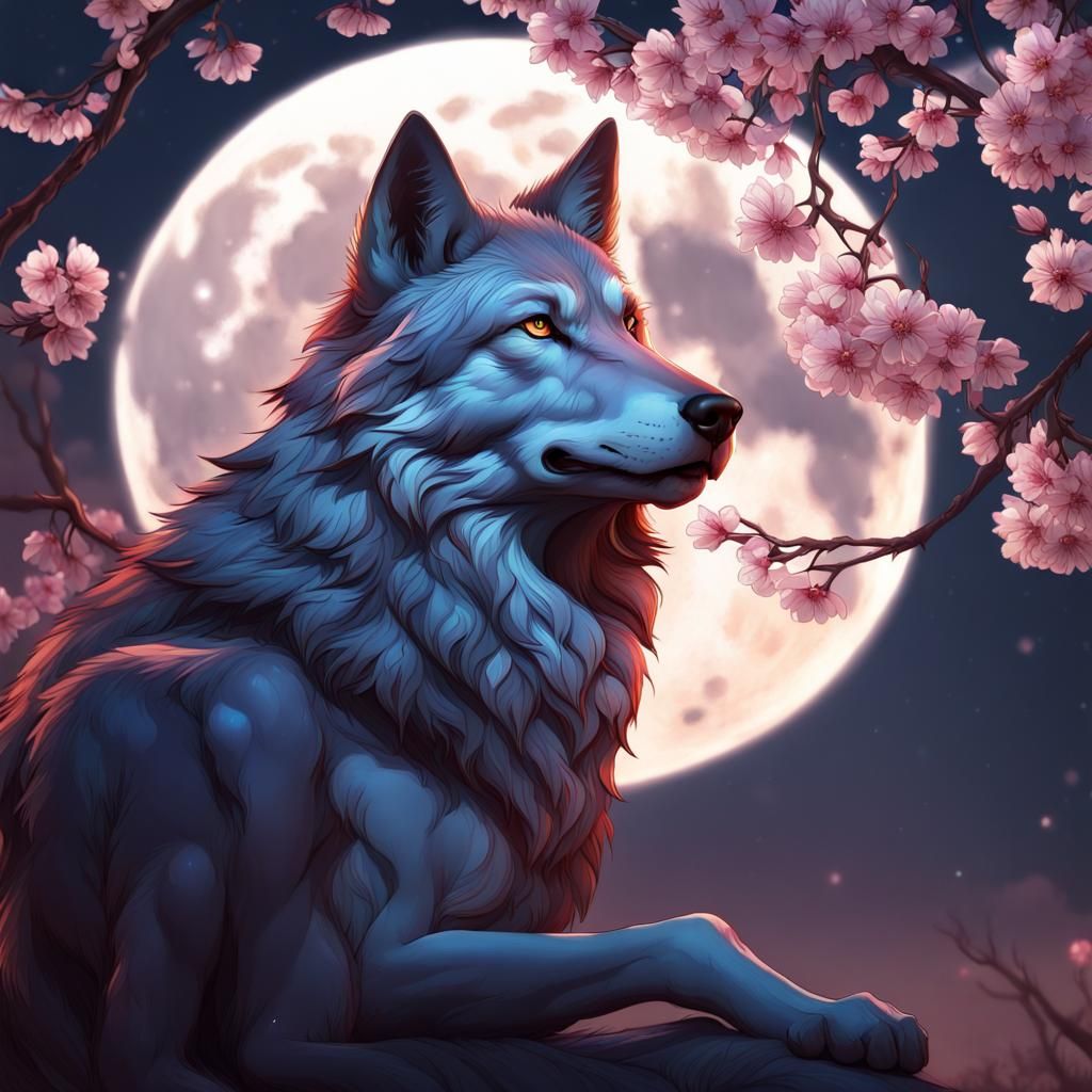 Wolf Under Cherry Tree at Night, Hyperdetailed Portrait