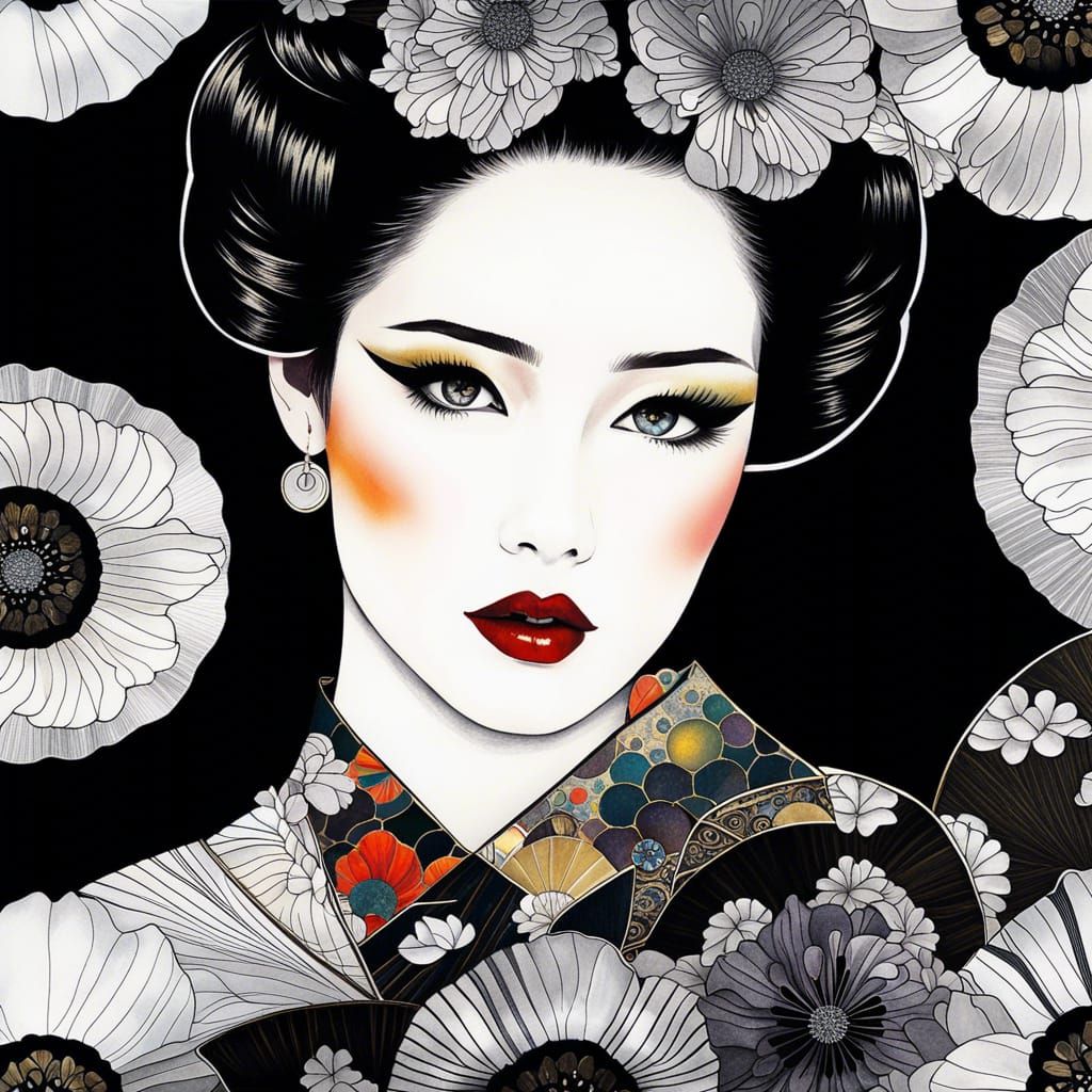 Geisha Girl Portrait with Poppies in Collage Style