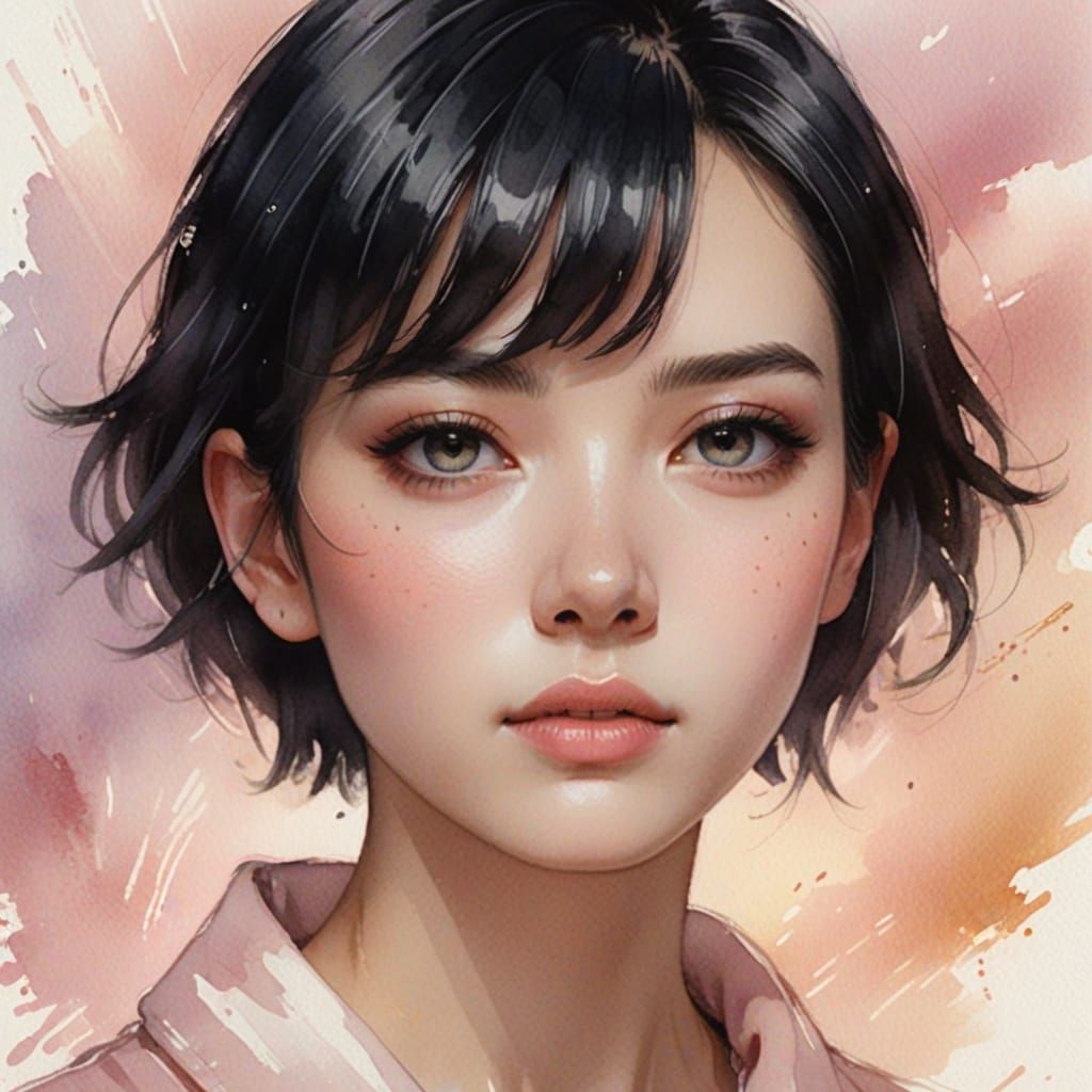 Soft Focused Watercolor Portrait of a Young Woman with Amber...