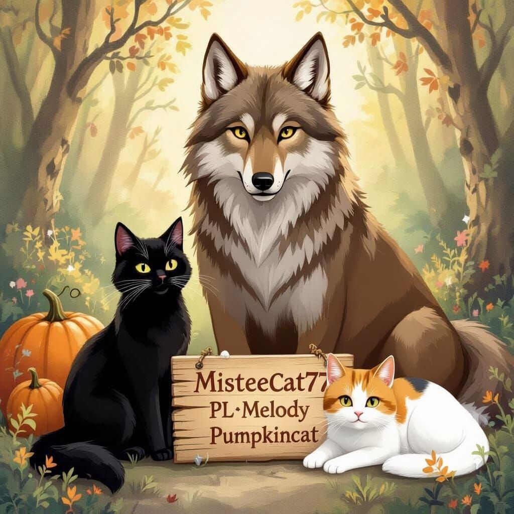 Cats and Wolf with Custom Sign
