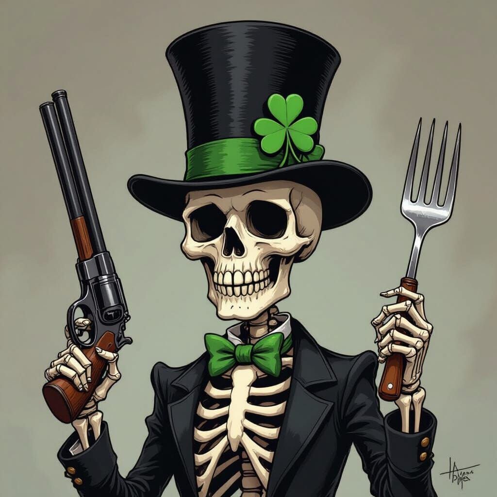 Skeleton with Large Head, Top Hat, and Shotgun