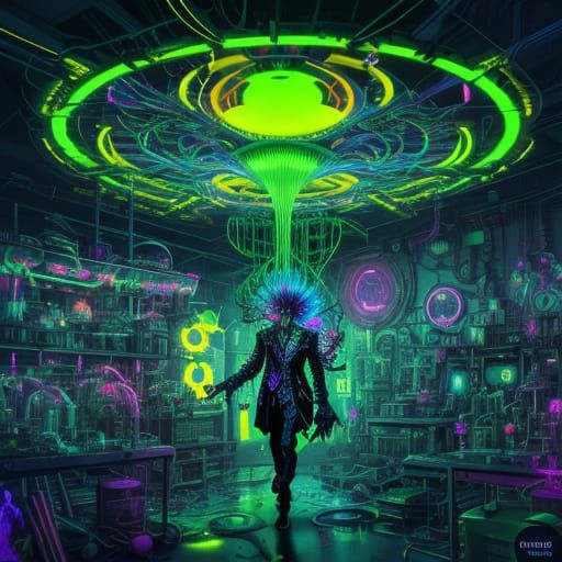 Surreal Scientist's Glowing Invention in Chaotic Lab