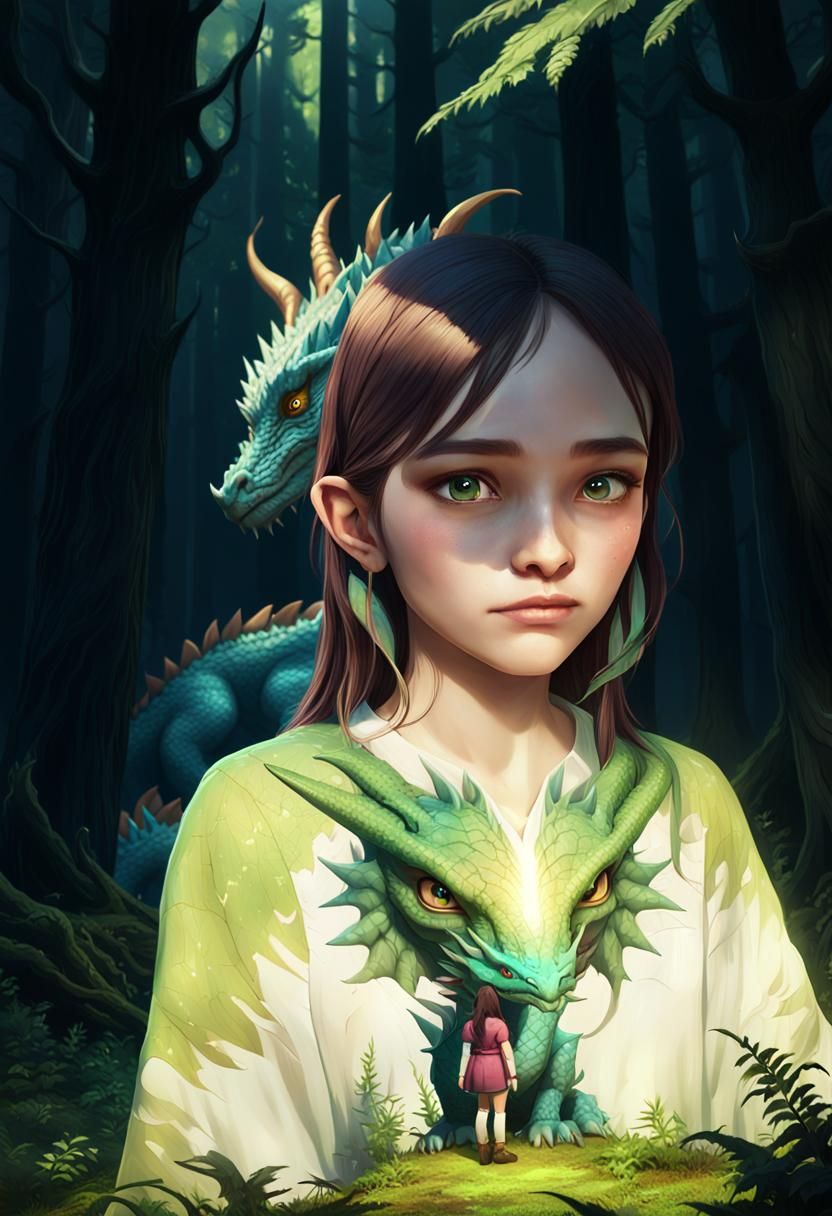 girl standing next to dragon filling forest clearing while g...