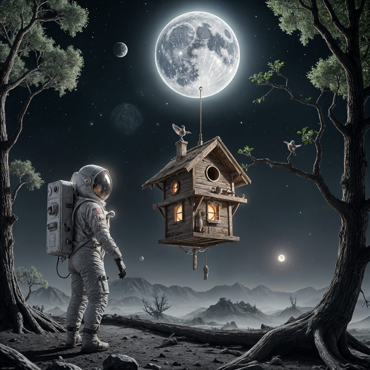 Astronaut Observes Moon Elixir Birdhouse, Hyperrealistic Fil...