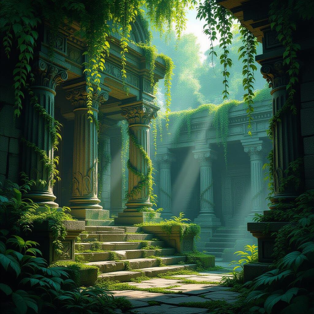 Ancient Temple Overgrown With Lush Greenery in Fantasy Style