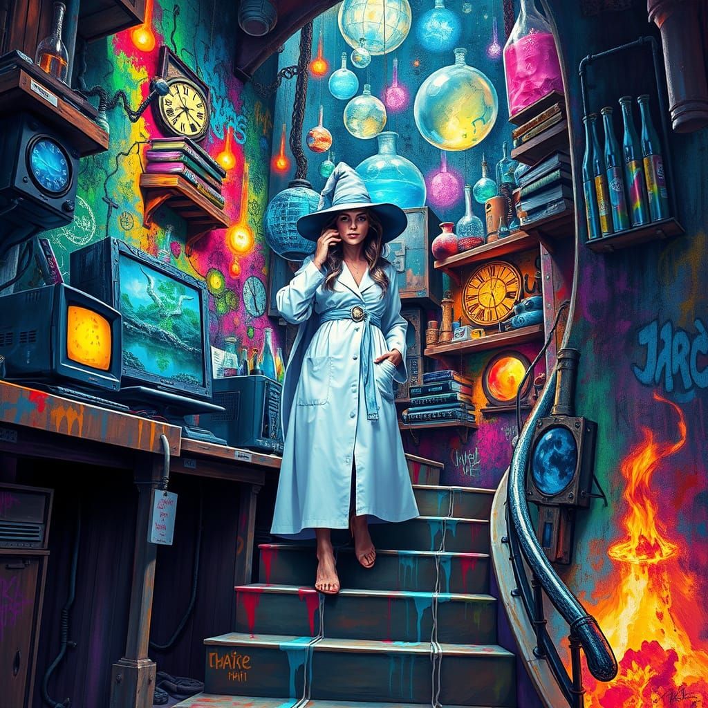 Enchanted Alchemist in a Cyberpunk Lab