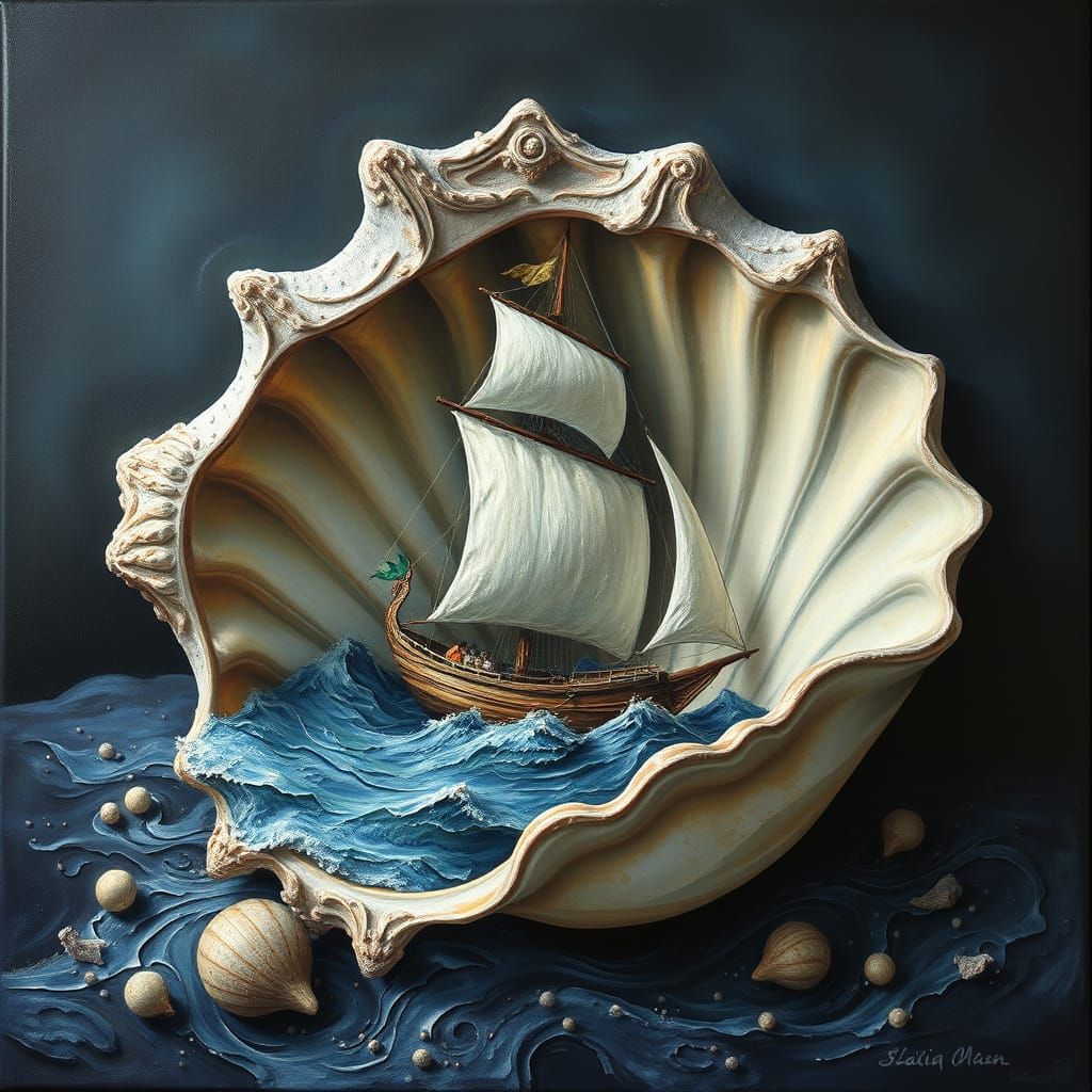 Dreamlike Fractal Caravela Sails Through Seashell in Aquatin...