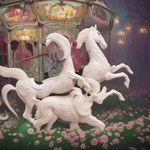 Intricately Carved Carousel Horse in Dreamcore Diorama