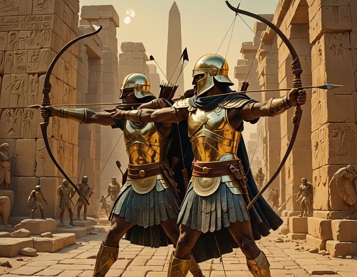 Archery, two ancient greek warriors, HELLINISTIC TIMES, ERA, holding archS AND FIGHTING, in Giza, Egypt, masterpiece J...