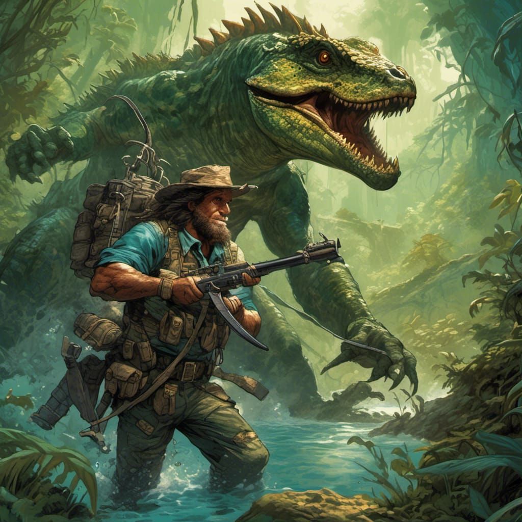 Lizardman Ranger Hunts Dinosaur: Comic Book Art