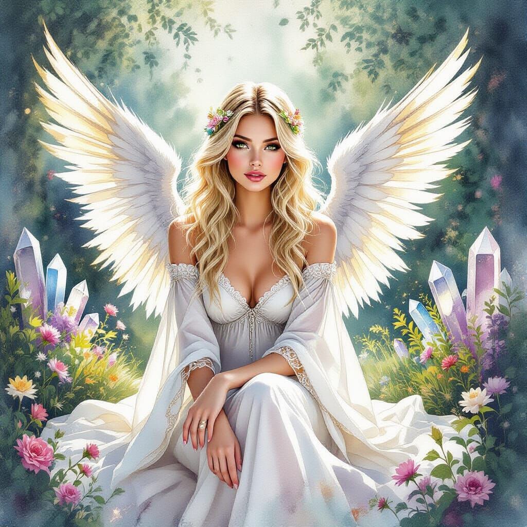 Whimsical Angel in a Crystal Garden, Watercolor Style