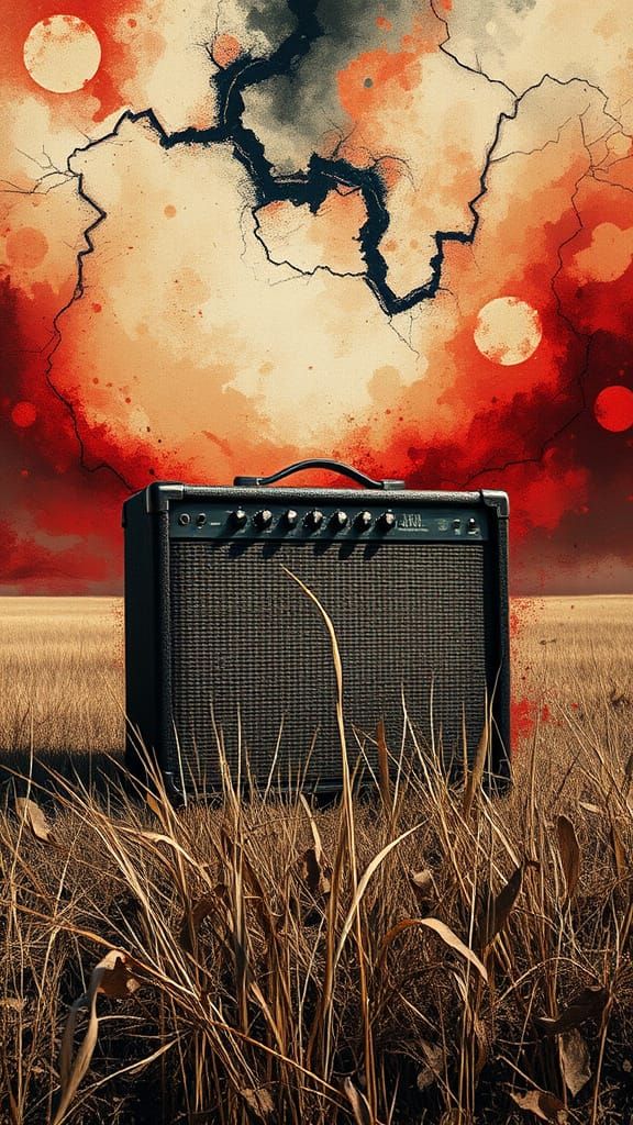 Weathered Guitar Amplifier in a Stormy Landscape