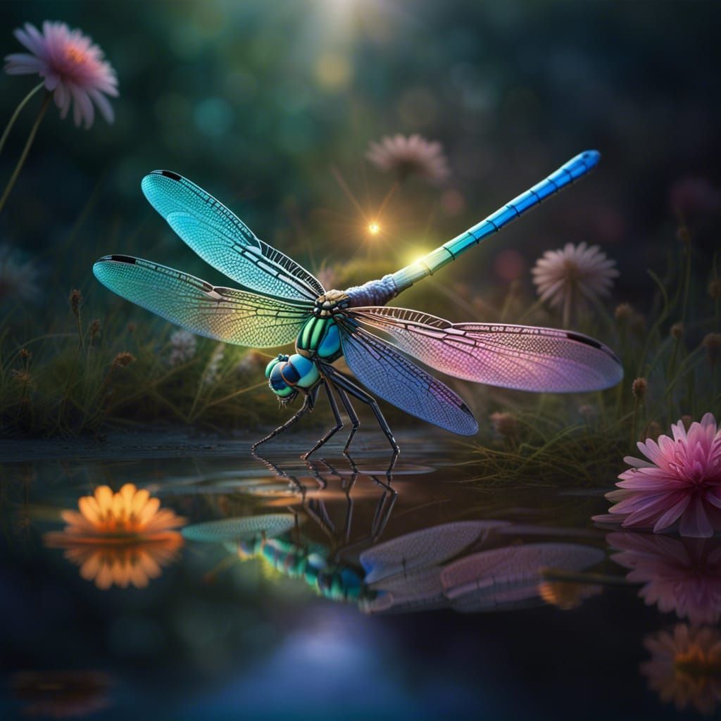 Iridescent Dragonfly in Flower Meadow at Sunrise