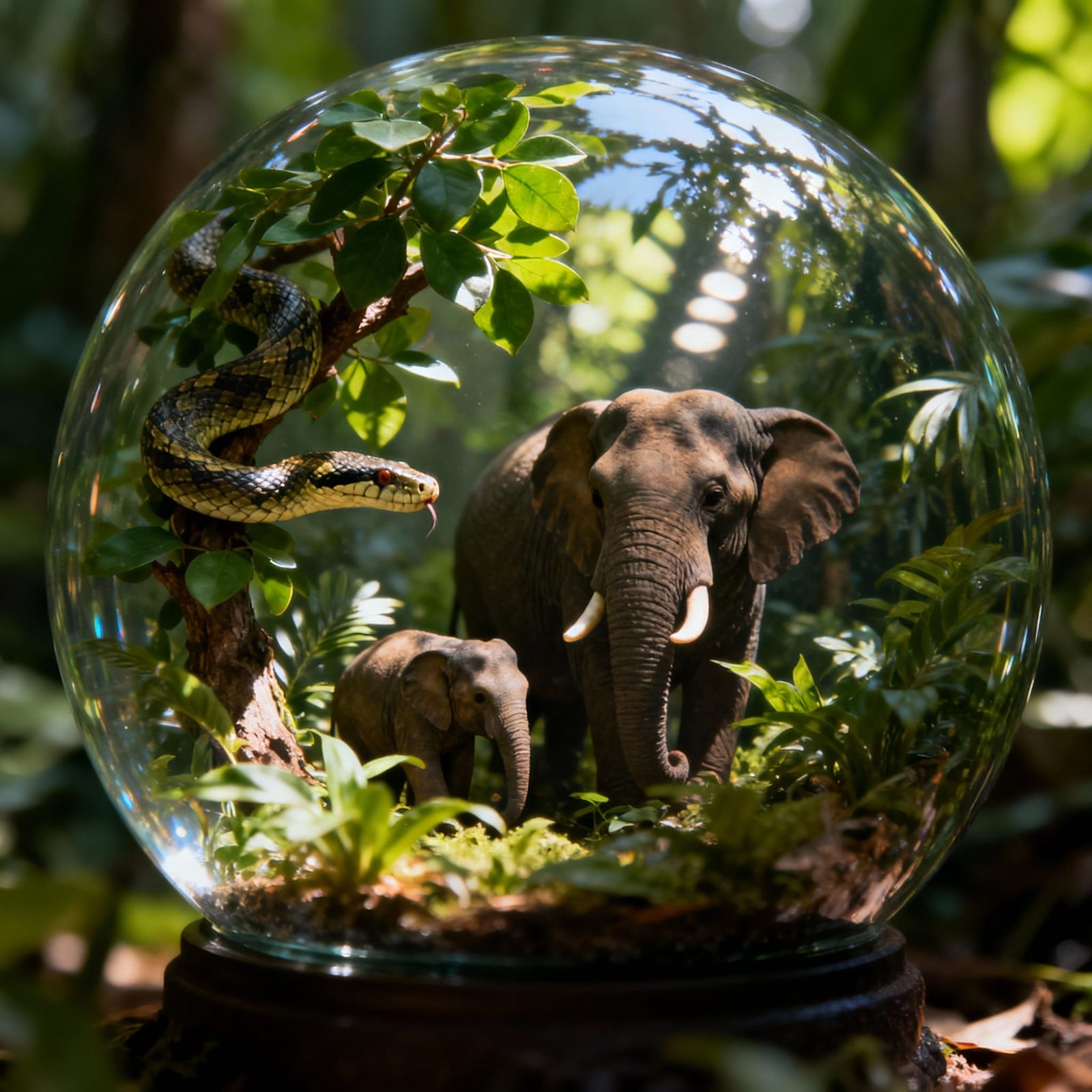 Hyperrealistic Snowglobe with Jungle, Elephants, and Snake