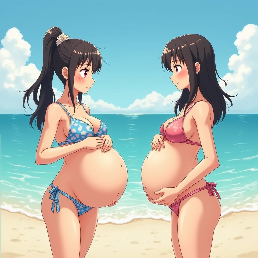 Anime Women with Pregnancy Bellies on Beach