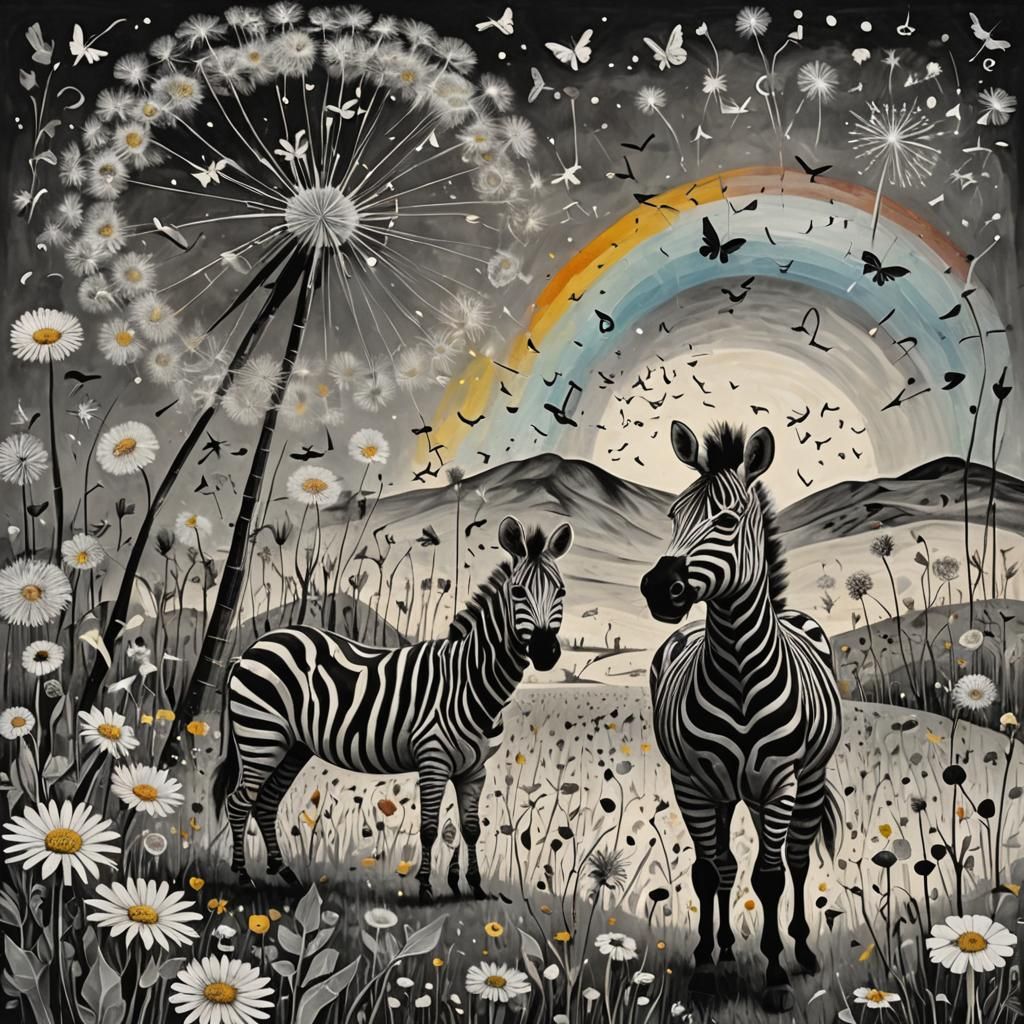 Zebra in Dandelion Dreamscape: Surreal Grayscale Composition