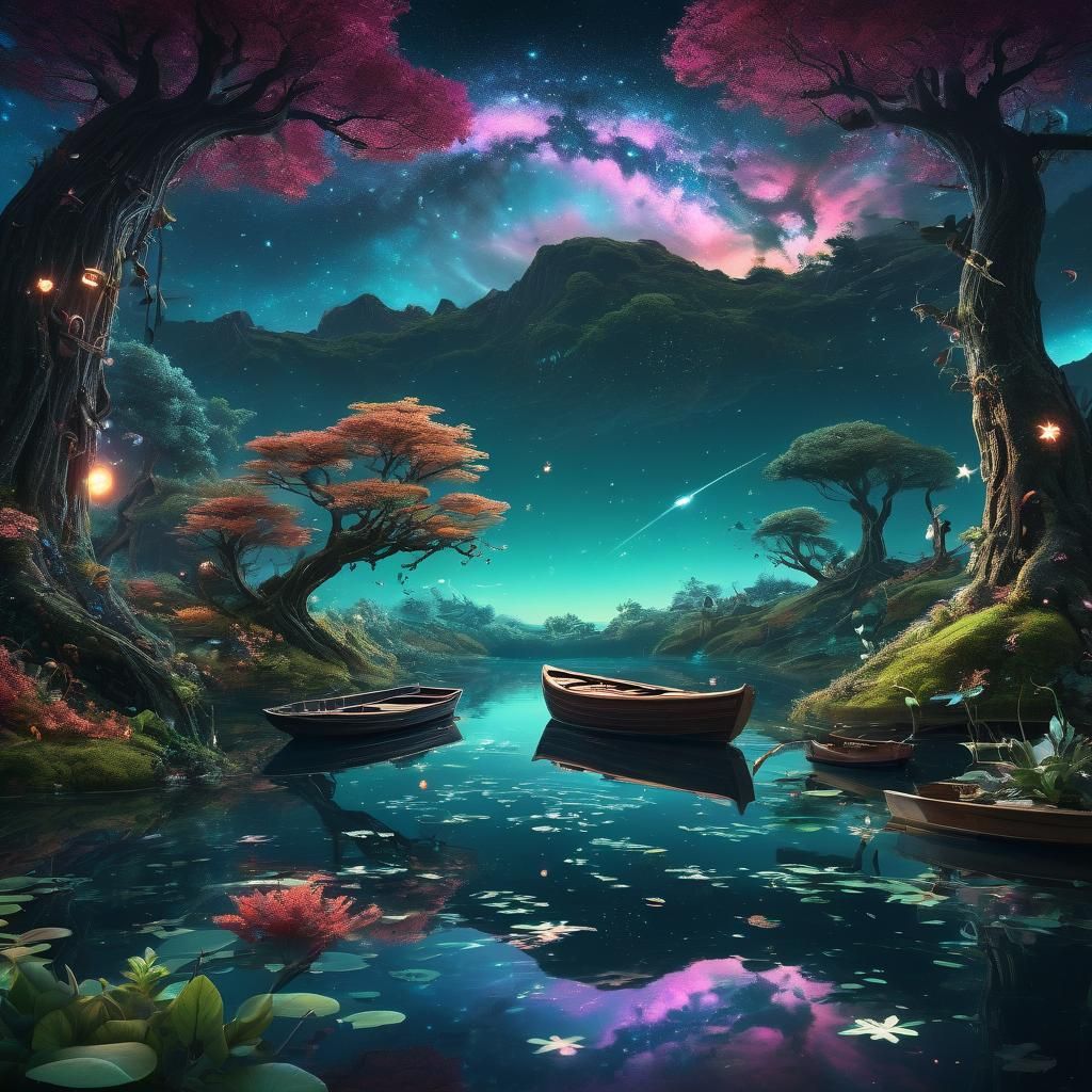 Tranquil Lake Reflecting a Galaxy Sky in Fantasy Art