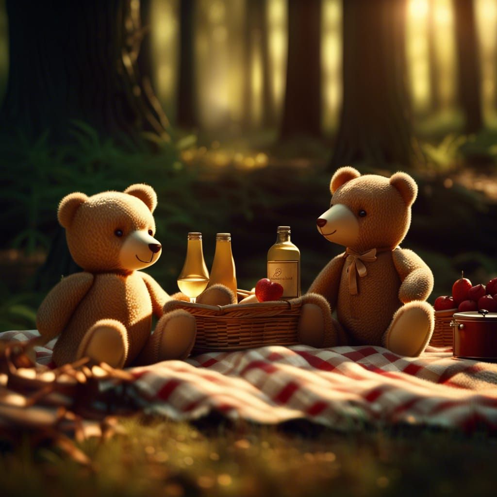 Teddy Bears Picnic in Forest, Hyperrealistic Photography
