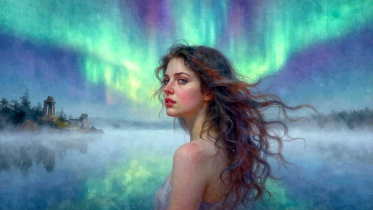 Woman with Aurora Hair Over Misty Lake