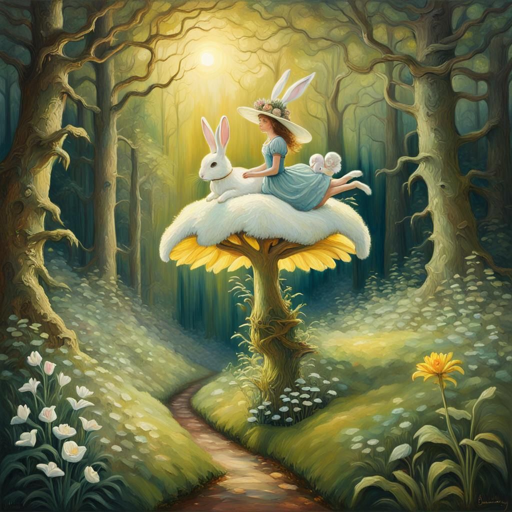 Fairy Rides Bunny with Flower Hat in Forest