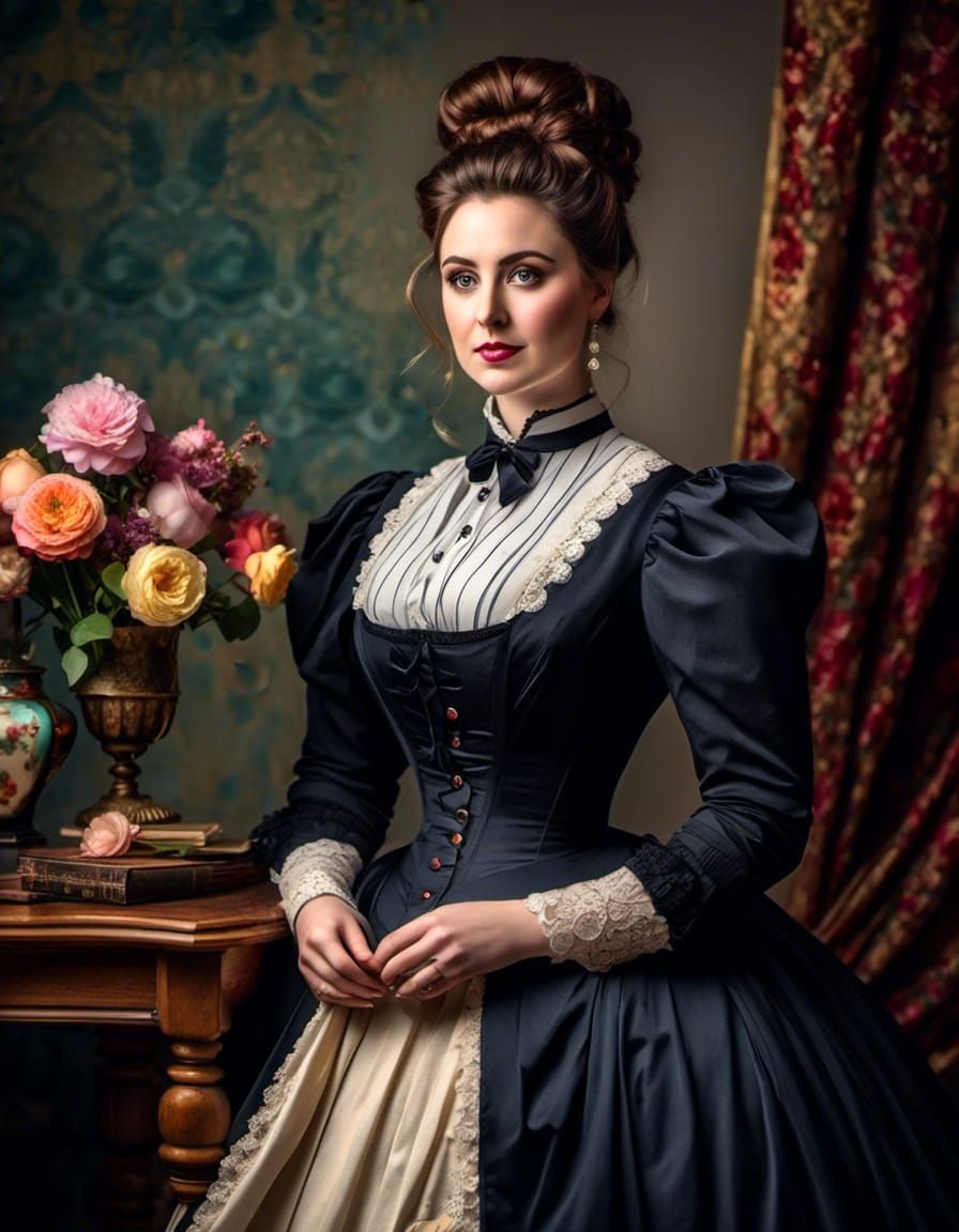 Elegant Victorian Woman with Messy Bun Portrait