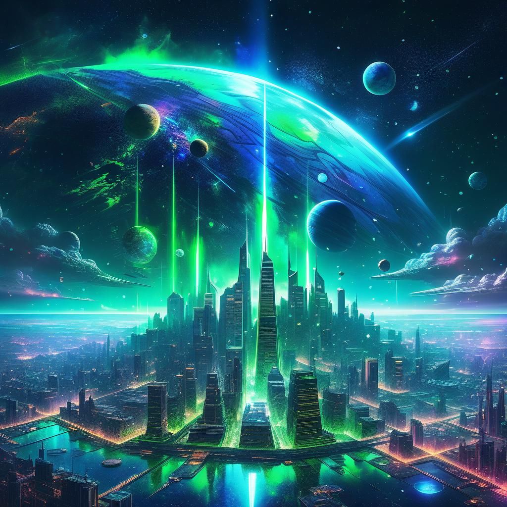 Holographic Neon Cityscape Under Starry Sky