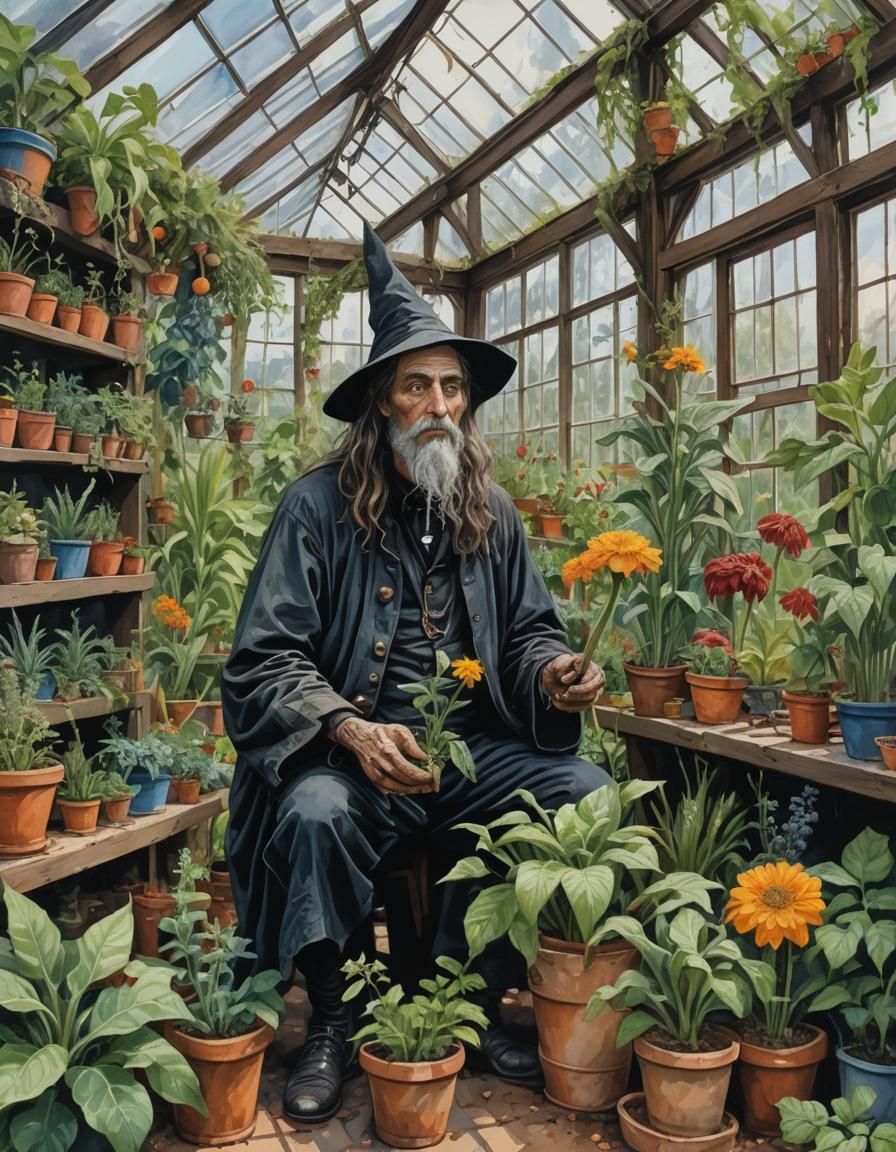 Gothic Herbalist Witch Portrait in Gouache Style