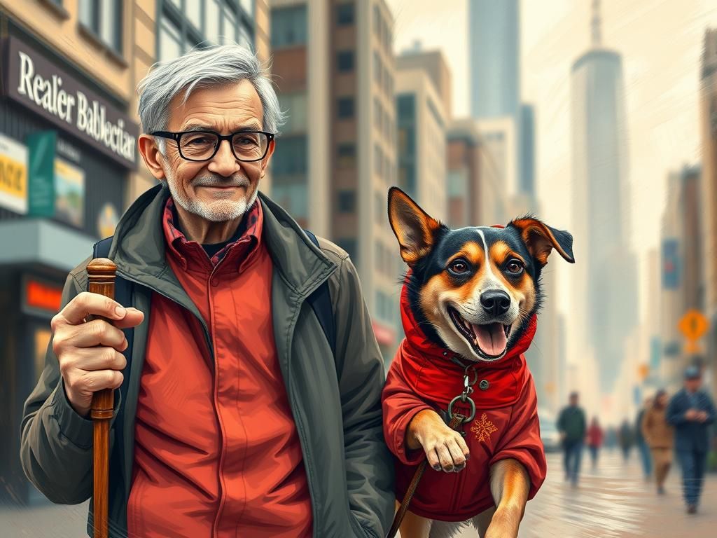 Blind Man Led by Service Dog in Abstract Cityscape
