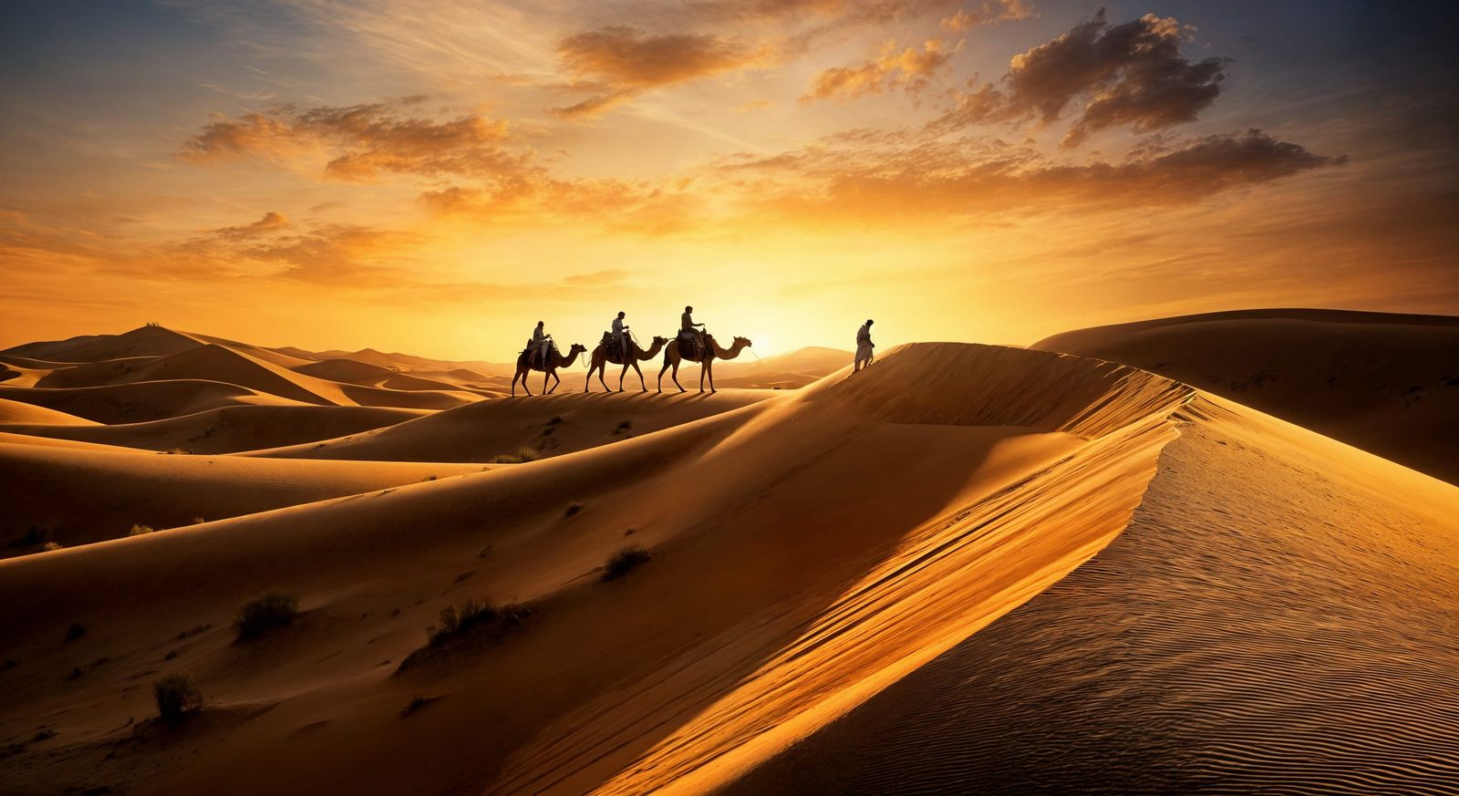 Golden Sahara Dunes Under Amber Sunset