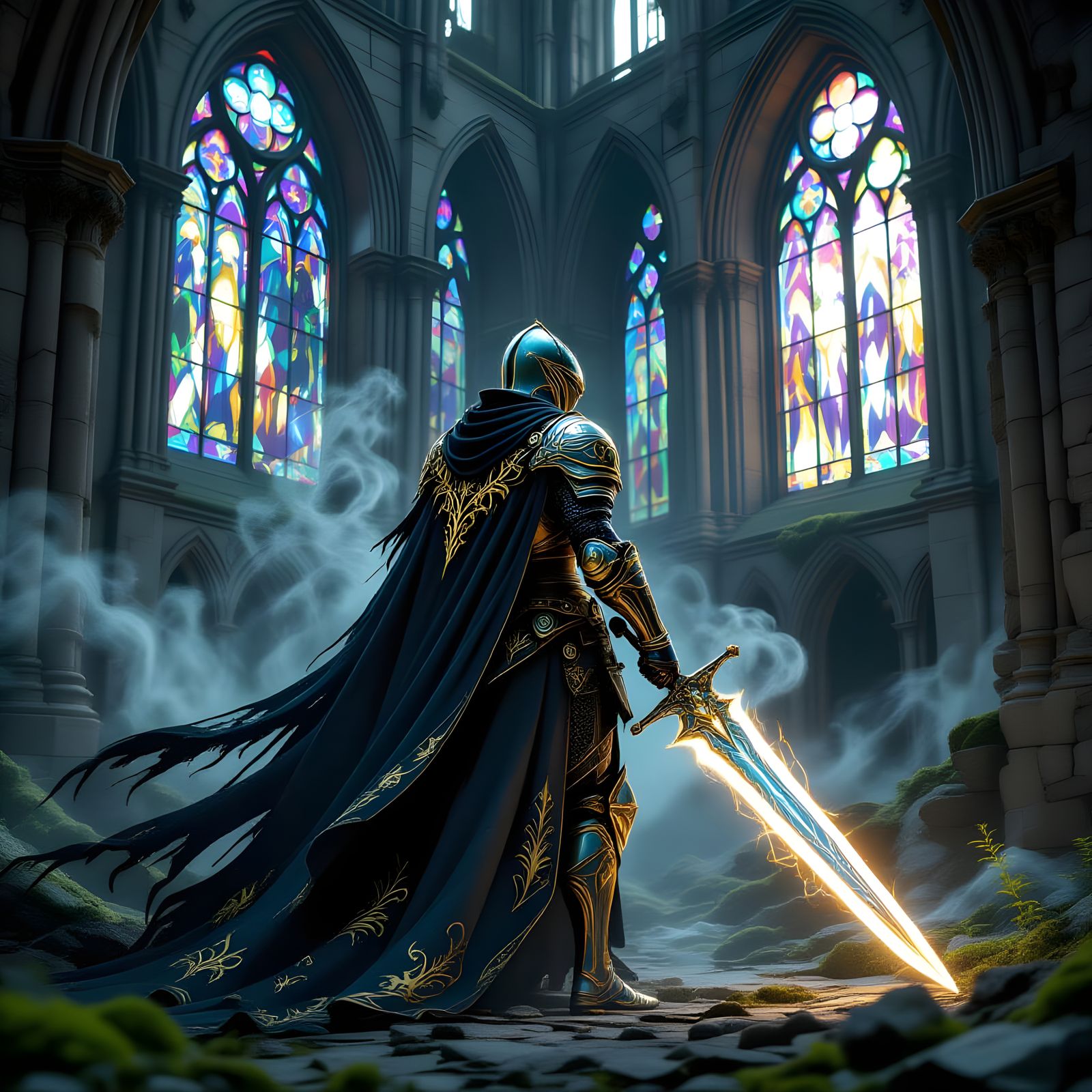 Ethereal Knight Guarding Gothic Cathedral Ruins