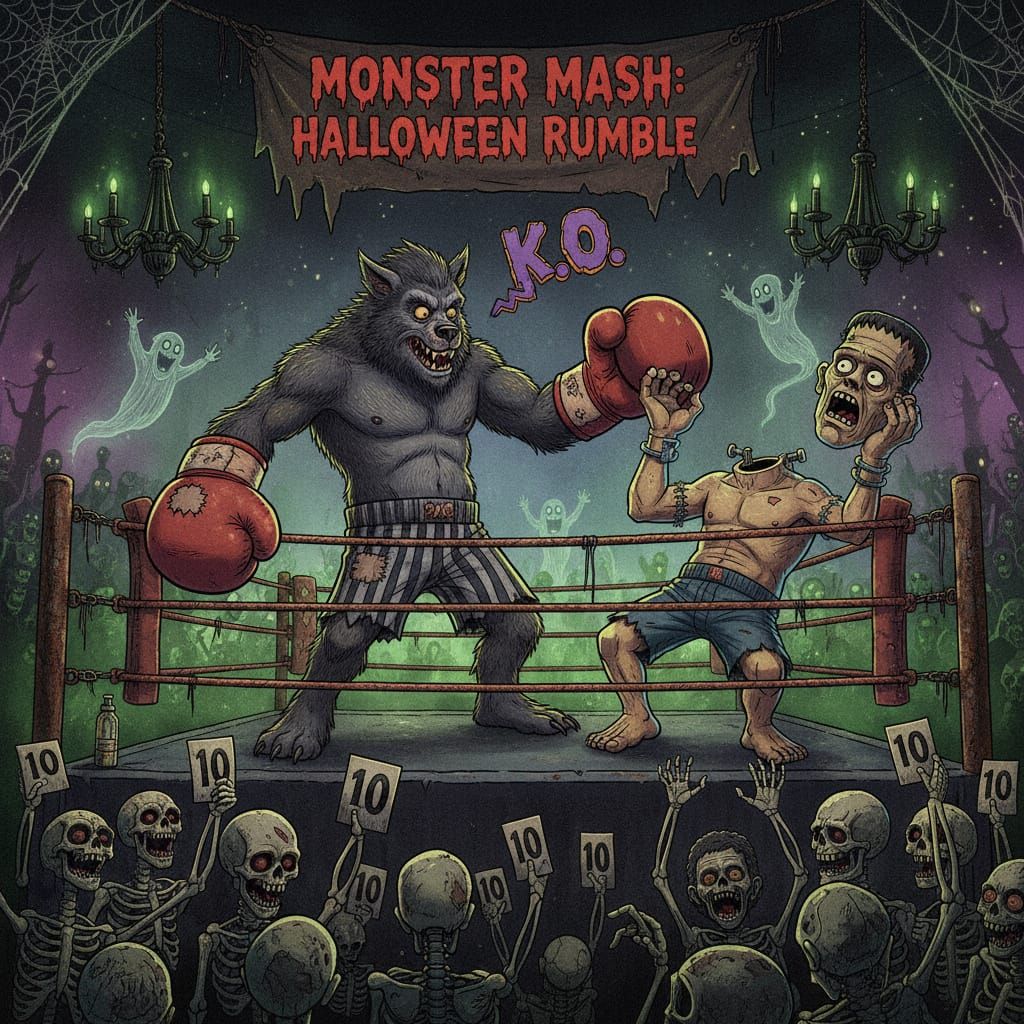 Werewolf Knocks Frankenstein's Head Off in Haunted Boxing Ri...